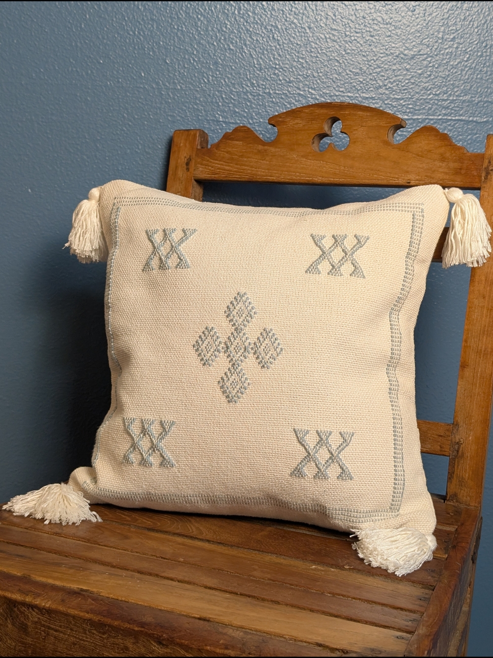 Cream Decorative Tassel Throw Pillow with Light Blue Embroidery